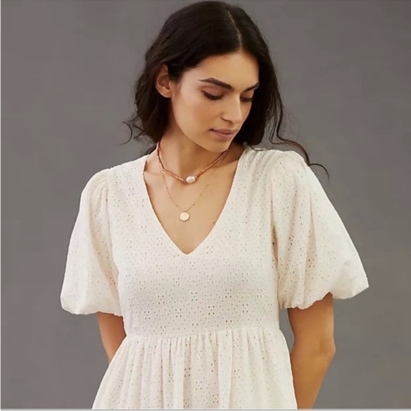 ANTHROPOLOGIE MOTHER Off White Eyelet Puff Sleeve Tiered Maxi Dress M NWT - Picture 5 of 9
